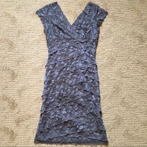Marina Cap-Sleeve Lace Dress w/Beading/Rhinestones